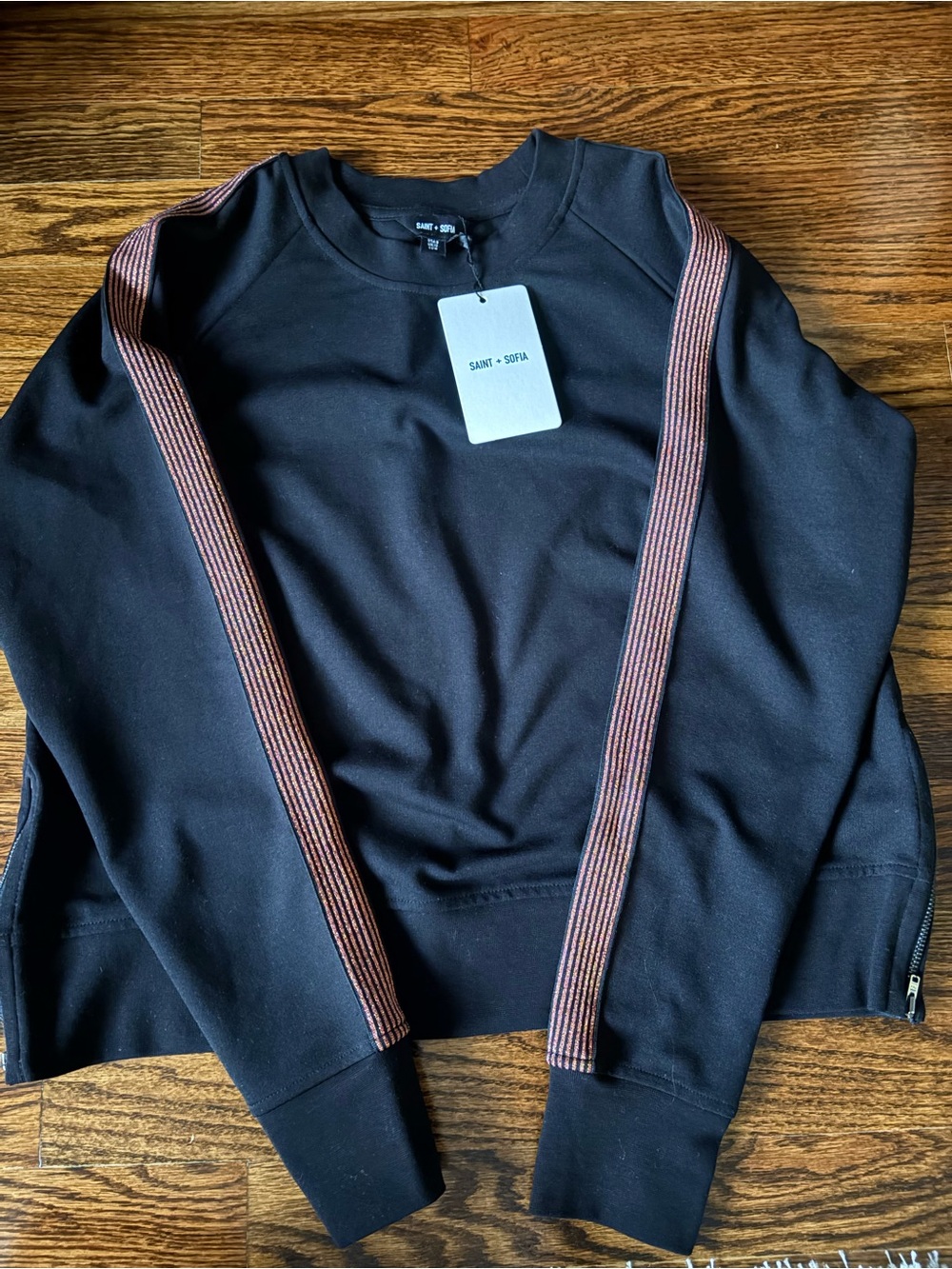 Saint + Sofia Morgan ZipWomen’s Black Crewneck Sweater with Copper Stripe Detail